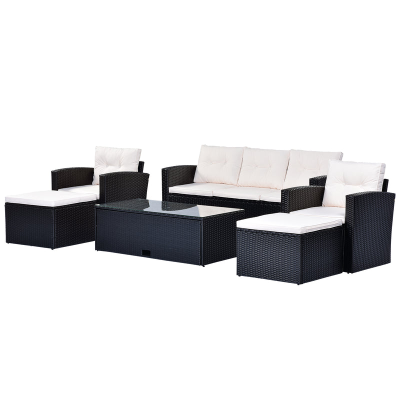 6-piece All-Weather Wicker PE rattan Patio Outdoor Dining Conversation Sectional Set with coffee table, wicker sofas, ottomans, removable cushions (Black wicker, Beige cushion)