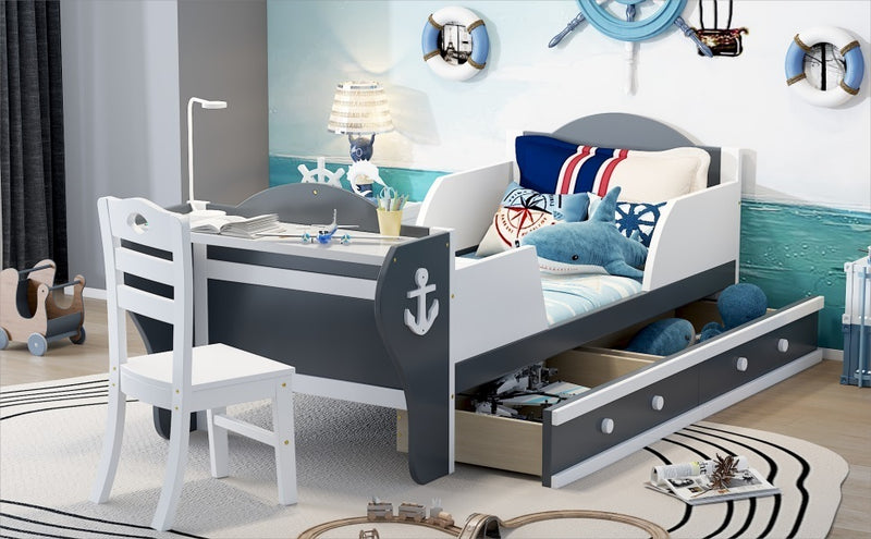 Twin Size Boat-Shaped Platform Bed with Two Drawers,Twin Bed with Desk and Chair for Bedroom,White+Gray