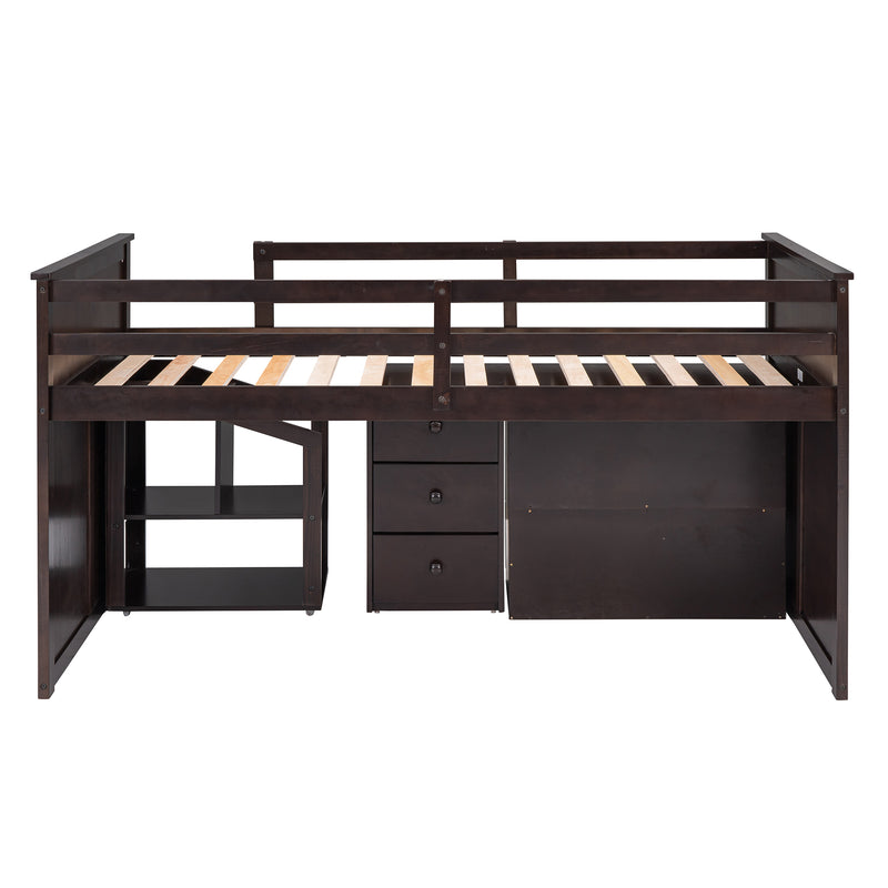 Loft Bed Low Study Twin Size Loft Bed With Storage Steps and Portable,Desk,Espresso