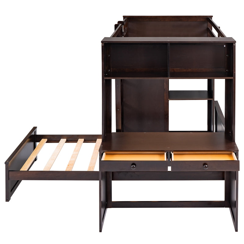 Twin size Loft Bed with a Stand-alone bed, Shelves,Desk,and Wardrobe-Espresso