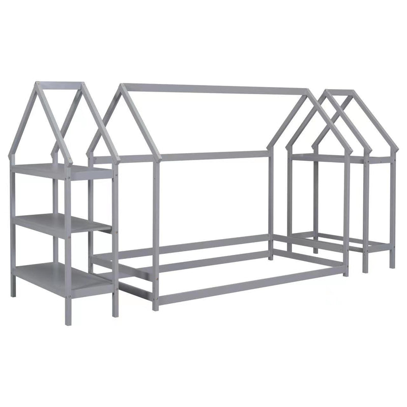 Twin House-Shaped Floor Bed with 2 Detachable Stands,Gray