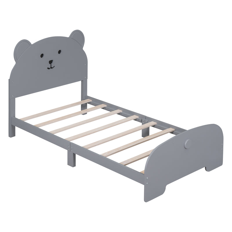 Twin Size Wood Platform Bed with Bear-shaped Headboard and Footboard,Gray